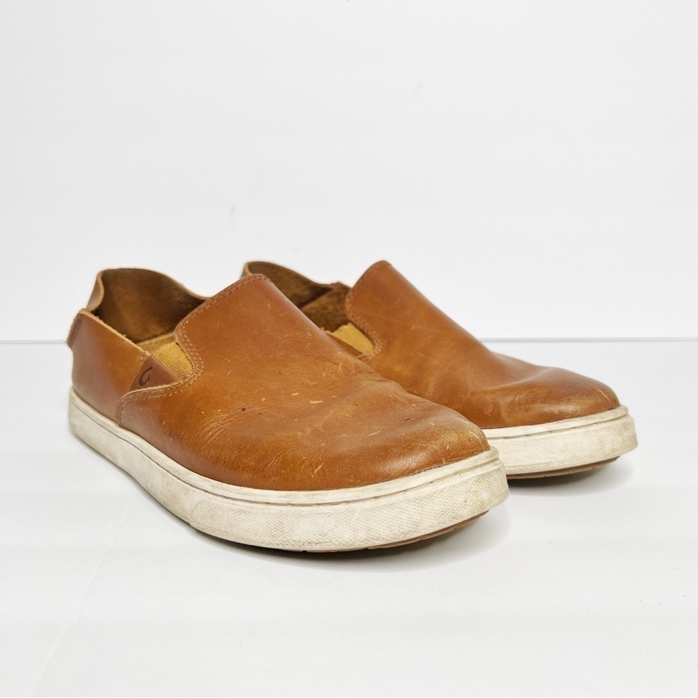 Olukai Pehuea Cognac Tan Leather Slide On Loafers Size 6.5 Women’s